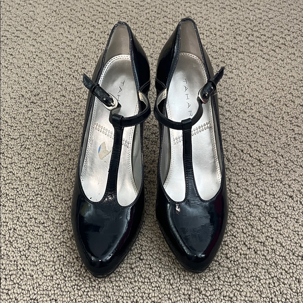 Tahari Women's Navy Blue Patent Leather T-Strap Heels Mary Jane’s